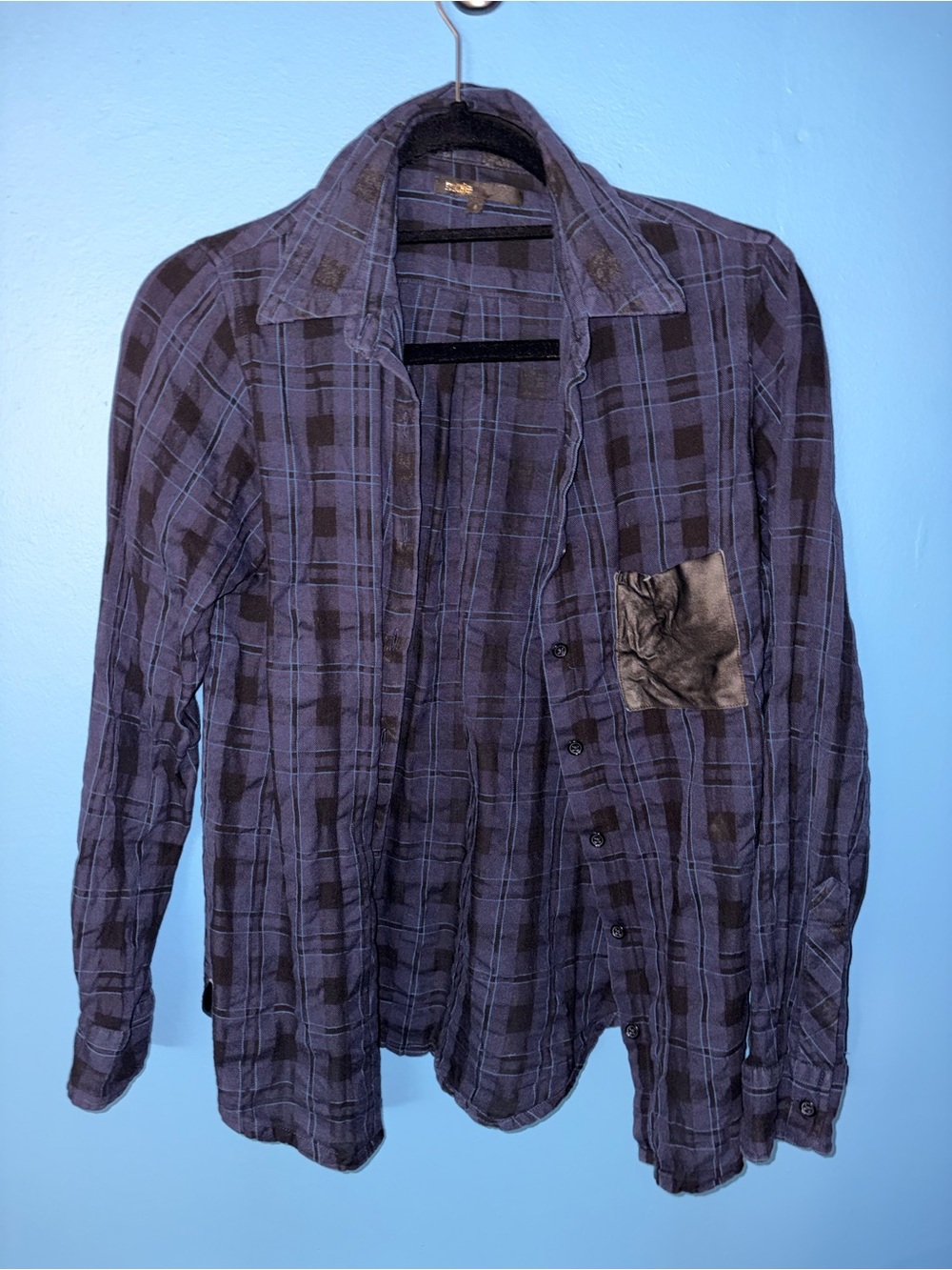 Maje Cotton & Lambskin Blue/Black Plaid Button Down Shirt
